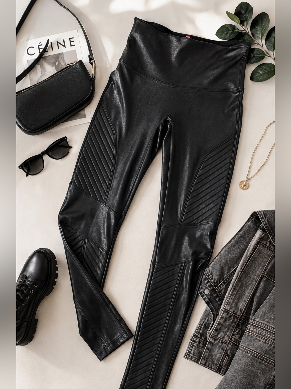 SPANX Faux Leather Moto Leggings Womens Medium Black High Rise Shaping Stretch